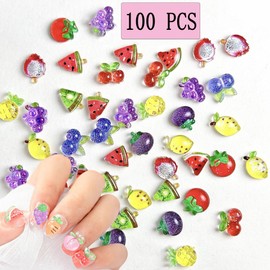 100PCS Resin Fruit Nail Art Charms 3D Kawaii Strawberry Nail Charms Assorted Cherry Lemon Grapes Peach Banana Watermelon Summer Flatback Nail Rhinestones for DIY Craft Nail Art Decoration