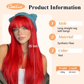 Red Wig with Bangs Long Straight Red Wigs for Women 26 Inches Long Red Hair Wig Layered Synthetic Wigs Colored Cosplay Wigs Straight Natural Hair Replacement Wigs for Girls Costume Party Daily Use