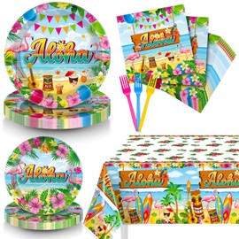 98 Pcs Hawaiian Tableware, Luau Party Decorations Include Aloha Tablecloth, Plastic Fork luau Plates and Napkins, Tiki Party Supplies, luau Dinnerware for Hawaiian, Luau, Beach Party