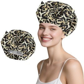 Flomiara Shower Caps, Waterproof Reusable Shower Cap for Women Girls, Elastic Band Adjustable Hair Caps for Bath Skin Care Cleaning Makeup, Soft Easy to Use Hair Cap for Most Hair Types, Leopard