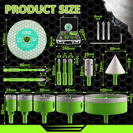 FACHLICH Diamond Hole Saw Kit, 16PCS Tile Hole Saw Kit 6/8/10/25/35/50/65/100+20mm Finger Bit+50mm Beveling Chamfer Bit+Masonry Drill Bits+Tile Blade, Diamond Hole Saw Drill Bits