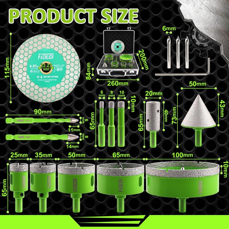 Diamond Hole Saw Kit, 16PCS Tile Hole Saw Kit 6/8/10/25/35/50/65/100+20mm