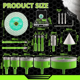 Diamond Hole Saw Kit, 16PCS Tile Hole Saw Kit 6/8/10/25/35/50/65/100+20mm Finger Bit+50mm Beveling Chamfer Bit+Masonry Drill Bits+Tile Blade, Diamond Hole Saw Drill Bits