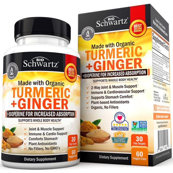 Organic Turmeric Curcumin and Ginger - 95% Standardized Curcuminoids with BioPerine Black Pepper Extract for Ultra High Absorption - Natural Joint Support Supplement - Gluten-Free - 60 Capsules