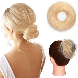 Hairro Human Hair Bun Hair Piece Messy Fluffy Hair Updo Real Hair Scrunchies Hairpieces Elegant Chignon Elastic Wrap On Donut Easy Bun For Women Instant Up-do Ponytail 1PC 23g #60 Platinum Blonde