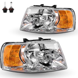 TUSDAR Headlights Assembly Set for 2003 2004 2005 2006 Ford Expedition (Chrome Housing with Amber Reflector)