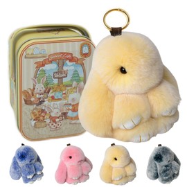 Bunny Lulu Keychain with Tin,Bunnylulu Handmade Soft Pompom Charms,Fluffy Bunny Keychain Accessories for Womens (Beige)