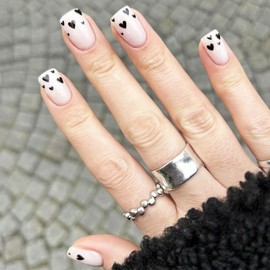 Valentines Press on Nails Black Love Heart Acrylic Medium Square Fake Nails 24Pcs Glossy White False Nails Love Heart Stick on Nails Romantic Gift Gel Glue on Nails for Coquette Women Girls