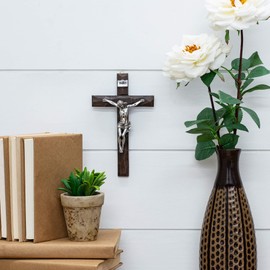 Jesus Crucifix Silver Tone and Natural Brown 12 inch Resin Stone Wall Cross