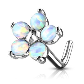 PiercedOff 316L Surgical Steel L Bend Nose Stud Flower with 5 White Synthetic Opal Petals - Thickness 20GA (0.8mm) / Length 6mm / Flower Size 6mm