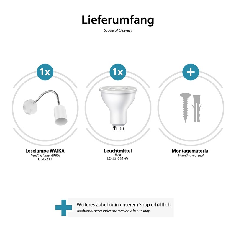 ledscom.de Waika Reading Light with Gooseneck and Switch Matte White
