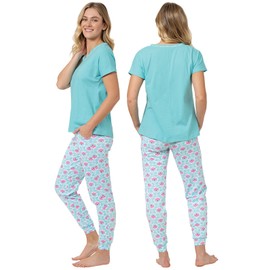 PajamaGram Jogger Pajama Set - Women's Summer Cotton Pajamas, Relaxed Fit Flared Short Sleeve Jogger Set - 100% Cotton, Aqua Floral, LG