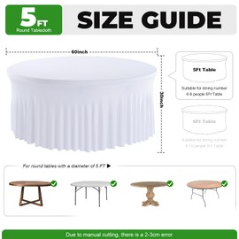 JCJ 8 Pack Round Tablecloth 60 inch, White Spandex Fitted Table Cover with Skirt for 5ft Table Wedding Party Banquet Events