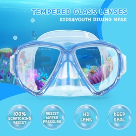 Kids Diving Mask 180° Anti-Fog Swim Mask, Tempered Glass Child Swim Goggles with Nose Cover Anti-Leak Kids Swim Goggles 4-14 Boys Girls for Diving, Snorkeling, Swimming (Blue+Aqua 2PCS)