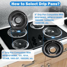 SANYCASA Black Stove Drip Pans for Electric Stove - Compatible for Whirlpool Electric Range Stove Top Drip Bowls - Thicken Enamel Drip Pans Set Includes 2 6" W10196406 and 2 8" W10196405 Drip Bowls