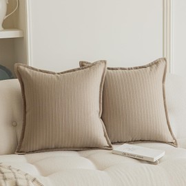 Rythome Set of 2 Herringbone Embossed Stripe Flange Throw Pillow Covers for Couch and Bed - 18"x18", Khaki-Green