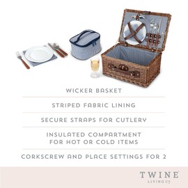Twine Newport Picnic Basket, Wicker Basket with Place Settings, Wine Glasses, Corkscrew, Insulated Compartments, Set of 1 Basket,Brown