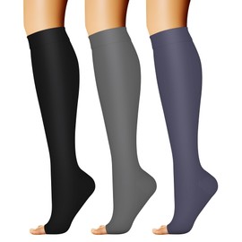 CHARMKING 3 Pairs Open Toe Compression Socks for Women & Men Circulation 15-20 mmHg is Best for All Day Wear Running Nurse (06 Black/Grey/Navy, S/M)