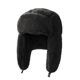 IBLUELOVER Women Bomber Hat Faux Fur Ushanka Russian Trapper Hat Earflap Thick Warm Hunting Cap Windproof Plush Lined Ski Cap for Skiing Skating Climbing Outdoor Black