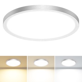 slochi LED Flush Mount Ceiling Light Fixture, 3000K-4000K-6500K & 100W Equivalent Modern Kitchen Recessed Ceiling Lamp 24W 3200Lm 12 Inch Closet Round Surface for Bathroom Laundry-Brushed Nickel