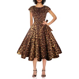 PUKAVT Women's 1950 Boatneck Cap Sleeve Vintage Swing Cocktail Party Dress with Pockets Leopard M