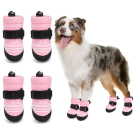 SlowTon Dog Shoes for Medium Large Dogs - Water Resistant Anti-Slip Dog Boots for Hot Pavement Rain Snow,Reflective Dog Paw Protectors for Outdoor Walking, Indoor Hardfloors(Pink,4)