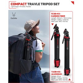 IFOOTAGE Tripod Kit, 62" Aluminum Tripod with Fluid Head, Lightweight Camera Tripod Kit, Portable Travel Tripod Kit, Compatible with Sony Canon Nikon SLR Camera - Gazelle TA3B+K3