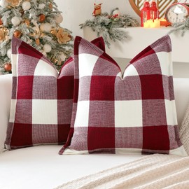 Sungeek Set of 2 Buffalo Plaid Tartan Cushion Covers, Decorative Cushion Covers, Christmas Checked Cushion Cover, Decorative Cushion Cover for Sofa, Bedroom, Living Room, 50 x 50 cm (White + Red)