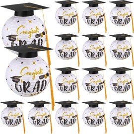 Treela 16 Sets Graduation Cap Hanging Paper Lanterns White Grad Cap Paper Lanterns with Black Grad Hat Yellow Tassel for Graduation Party Hanging Decorations Supplies