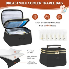 PIIOSER Breast Milk Cooler Bag with 2 Ice Pack, Fit 6 Breastmilk Storage Bags Up to 8Oz, Insulated Baby Bottles Tote Bag for Daycare and Breastfeeding Mom, Black