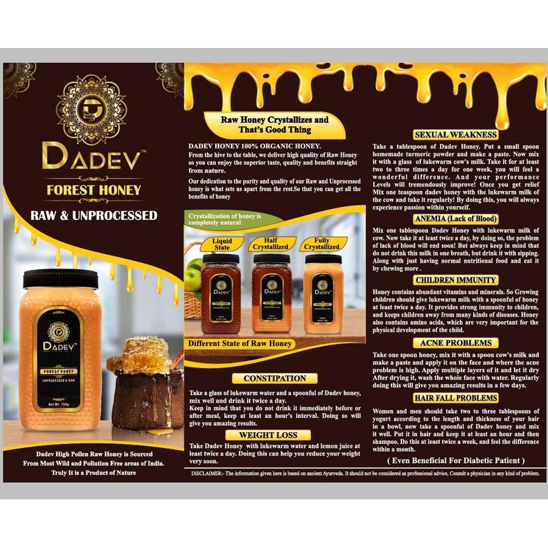 DADEV Unfiltered and Raw Honey-(26.4 Oz) 100% Pure Raw Honey,