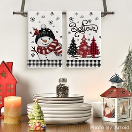 Artoid Mode Black Red Xmas Tree Snowman Christmas Kitchen Towels Dish Towels, 18x26 Inch Holiday Bird Believe Winter Decoration Hand Towels Set of 2