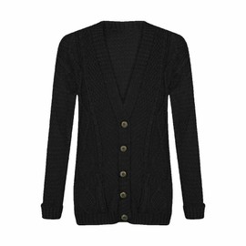 LUXFAB New Womens Everyday Long Sleeve Button Top Ladies Chunky Aran Cable Knit Grandad Cardigan UK Size 8-26 Black