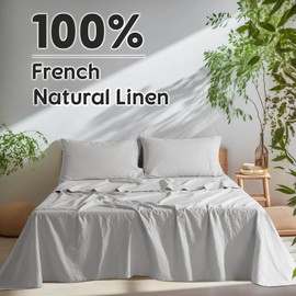 SONORO KATE 100% French Pure Linen Sheets, Breathable and Durable Line Queen Size Sheets, Anti-Tear Line Bed Sheets, Machine Washable, 16 Inch Deep Pocket - 4 Piece (Grey, Queen)