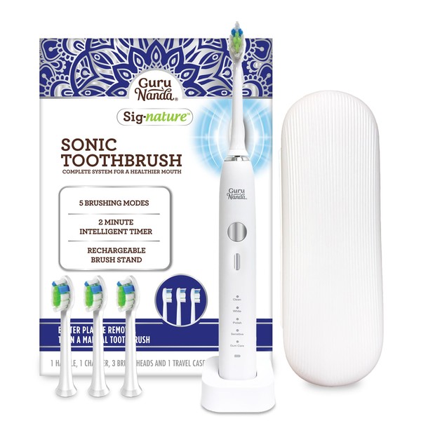 GuruNanda Sonic Toothbrush - 5000 Rechargeable Electric Power with Pressure Sensor, 3 Brush Heads & 1 Travel Case - 5 Modes & 2 Minutes Smart Timer