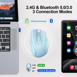 TECKNET Wireless Mouse (2.4G & BT5.0/3.0) Silent 4800 DPI Computer USB A & Bluetooth Mouse 6 Buttons, Wide Compatibility - Lightblue