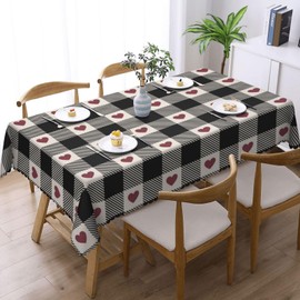 LALIMEYA Checkered Hearts Tablecloth Anniversary Heart Buffalo Plaid Rectangle Table Cloth Black White Gingham with Hearts Washable Table Cover with Wavy Edging Suitable for Party Dining 54×72 in