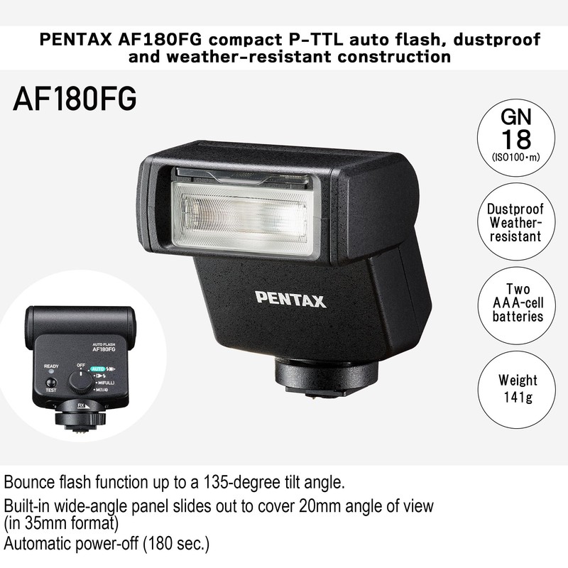 PENTAX AF180FG Compact P-TTL auto Flash, dustproof and Weather-Resistant Construction,