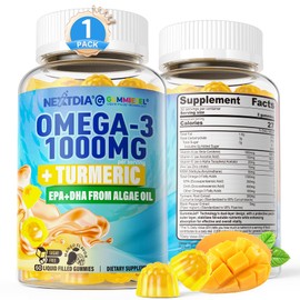 Vegan Omega-3 Gummies 1000mg + Turmeric - Omega 3 Fish Oil Alternative for Adults - Algae DHA 600mg & EPA 300mg, Vitamins A, C, E, Zinc & MSM, Sugar Free, 60 Cts