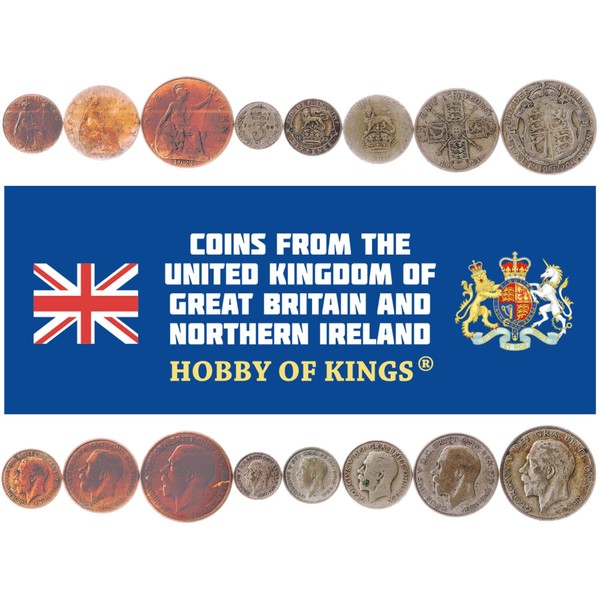 8 Coins from United Kingdom | British Coin Set Collection 1 Farthing 1/2 1 3 6 Pence 1 Shilling 1 Florin 1/2 Crown | Circulated 1920-1926 | George V | Lion | Britannia