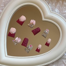 NAIL ANGEL 10PCS/SET Glamorous Handmade Press On Nails Leopard Prints Butterfly Rhinestones French Style Duck Nails Party Nails Duckbill Artifical Tips ZJ18/19/20 (ZJ20, M)