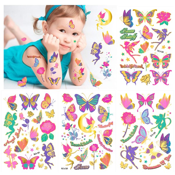 Konsait Glitter Tattoos for Girls, Waterproof Rose/Fairy/Butterfly Temporary Tattoos Kits for Kids, Colourful Fake Temporary Butterfly Tattoo Stickers for Girls Birthday Party Supplies Favors