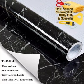 AutoGoody 4ft x 30ft Gloss Black Marble Granite Stone Wallpaper Vinyl Film Home 48" x 360"