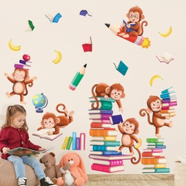 DECOWALL SG2-2402 Reading Books Monkey Wall Sticker Children's Room Monkey Wall Sticker Animals Wall Stickers for Children Baby Room Bedroom Living Room Classroom Library Playroom Wall Decoration