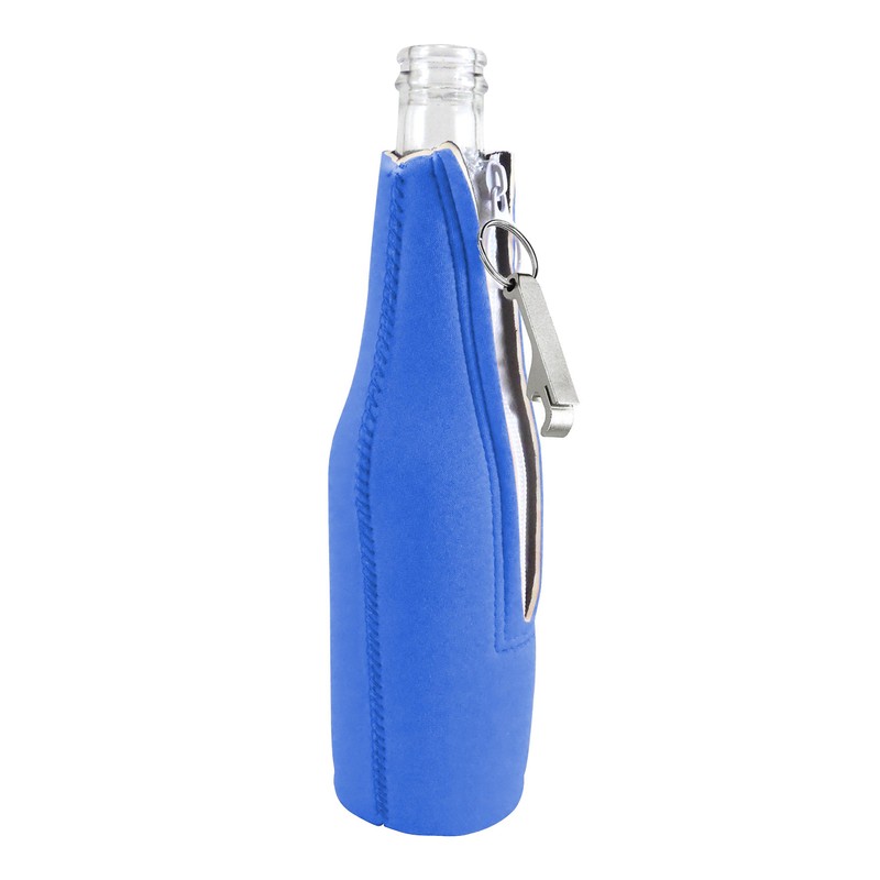 Palm Tree Sunset Beer Bottle Coolie With Opener (Royal Blue)