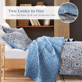 Comfort Spaces Valerie Boho Quilt Set Twin/Twin XL Blue - Soft Reversible Watercolor Medallion Bedding, Lightweight All Season Bedspread for Kids Teens Dorm Guest Room