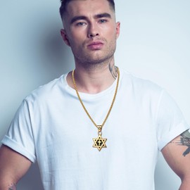 Oidea Star of David Necklace for Men Women: Gold Tone Stainless Steel Hexagon Cross Pendant Necklaces Religious Jewish Jewelry Gift, Length 23.62"