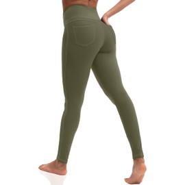 VOOVEEYA Leggings for Women High Waist, Yoga Pants with Pockets Tummy Control Workout Pants Stretchy Jeggings（Army Green M）