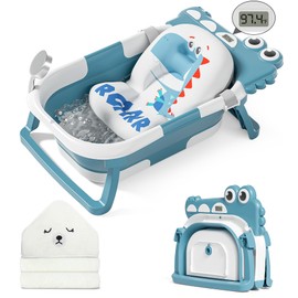 MoreFeel Collapsible Baby Bathtub for Newborn with Thermometer & 1 Hooded Towel & 1 Soft Floating Cushion,Portable Travel Bathtub with Drain Hole, Durable Foldable Baby Tubs for Infants to Toddler