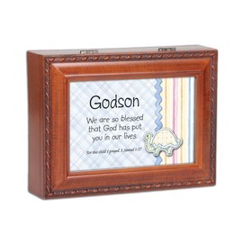 Cottage Garden Godson We are So Blessed Woodgrain Rope Trim Jewelry Music Box Plays Jesus Loves Me